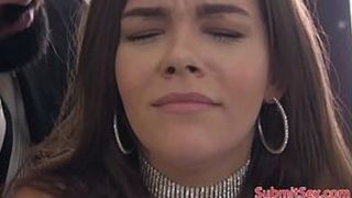 Связанная брюнетка жёстко выебана своим коллегой во все дыры